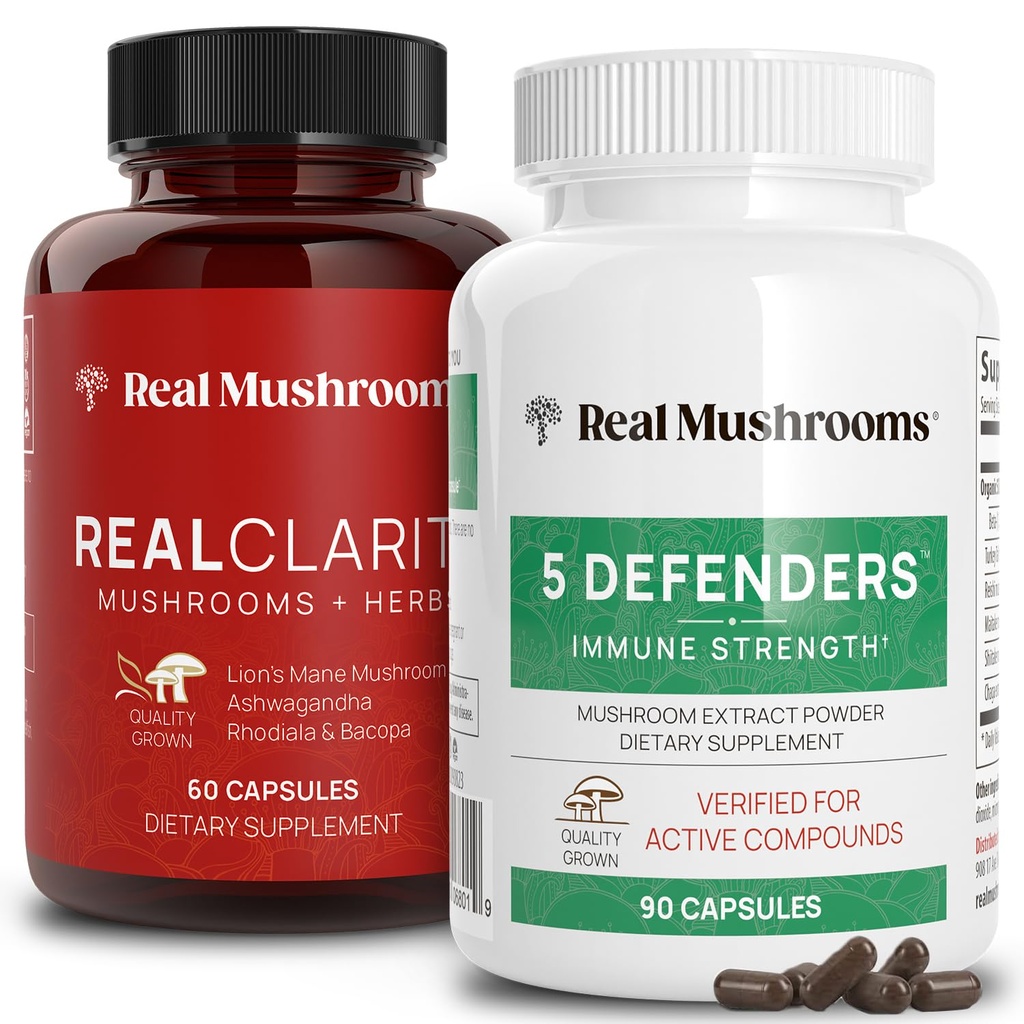 Real Mushrooms RealClarity (60ct) and 5 Defenders (90ct) Capsules Bundle - Mushroom Supplement for Mental Clarity, Focus & Immune Strength - Vegan, Non-GMO, Επαληθευμένα Επίπεδα Βήτα-Γλουκάνων