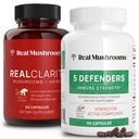 Real Mushrooms RealClarity (60ct) and 5 Defenders (90ct) Capsules Bundle - Mushroom Supplement for Mental Clarity, Focus & Immune Strength - Vegan, Non-GMO, Επαληθευμένα Επίπεδα Βήτα-Γλουκάνων