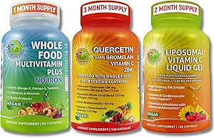 Immune System Support Bundle – Quercetin with Bromelain + Liposomal Vitamin C 1100mg Liquid Gel + Whole Food Multivitamin Without Iron – Daily Antioxidant, Respiratory & Immune Support