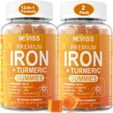 Iron Gummies + Turmeric 600mg για γυναίκες άνδρες, Συμπλήρωμα σιδήρου με πολυβιταμίνες C, A, B-Complex, Folate, Ψευδάργυρος για την έλλειψη σιδήρου, αναιμία και την ενέργεια, Απαλή, μη-Συντήρηση, Μασώμενα, Vegan, 2 συσκευασία