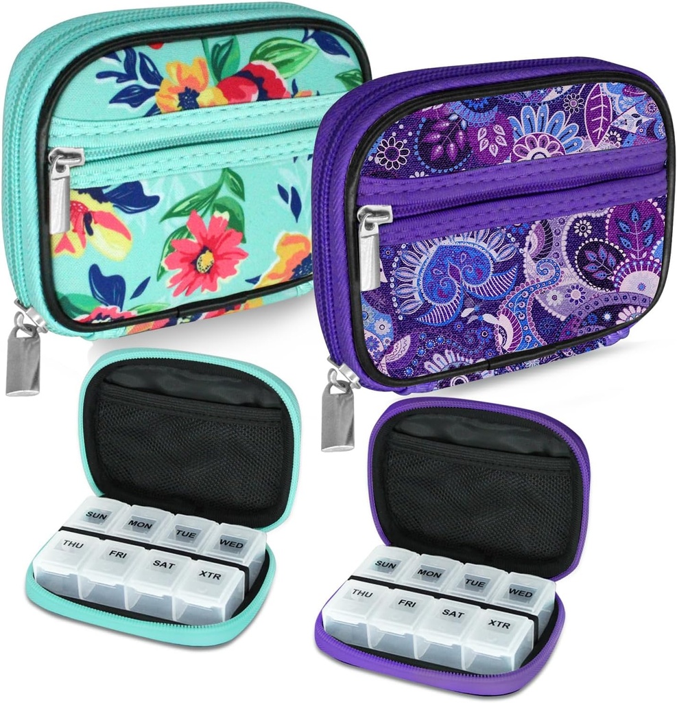 Serfeymi Weekly Travel Pill Organizer Pill Case for Purse with Removable 7 Day Pill Box, Fashionable Travel Medicine Organizer Pill Container for Medicine, Vitamin, Supplement - Green 01 + Purple 01