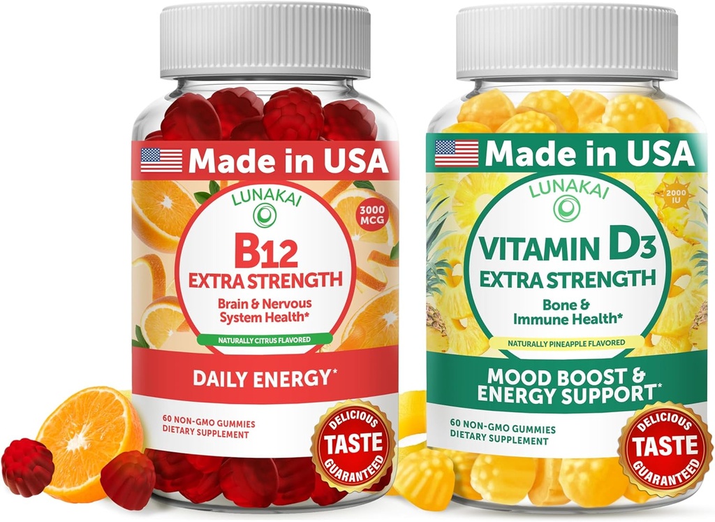Lunakai Βιταμίνη B12 και Βιταμίνη D3 Gummies Bundle - 3000 mcg B12 και 25 mcg 1000 UI VIT D3 - Χωρίς γλουτένη, χωρίς σιρόπι καλαμποκιού, οργανικό, μη-GMO, χωρίς ζελατίνη
