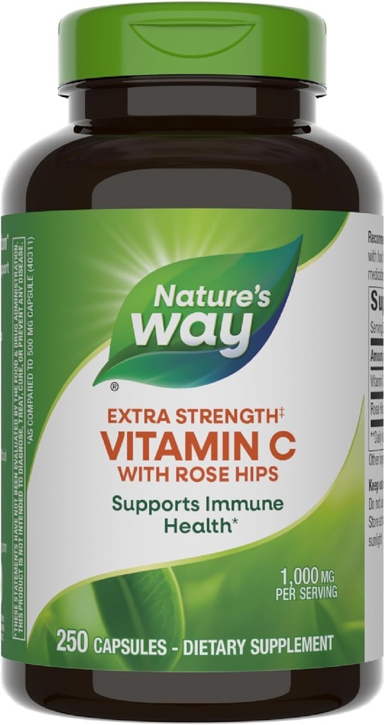 Nature's Way Extra Strength(1) Vitamin C with Rose HIPS, Supports Immune Health*, Collagen Production*, High Potency Vitamin C, 250 Capsules (Packaging May Vary)