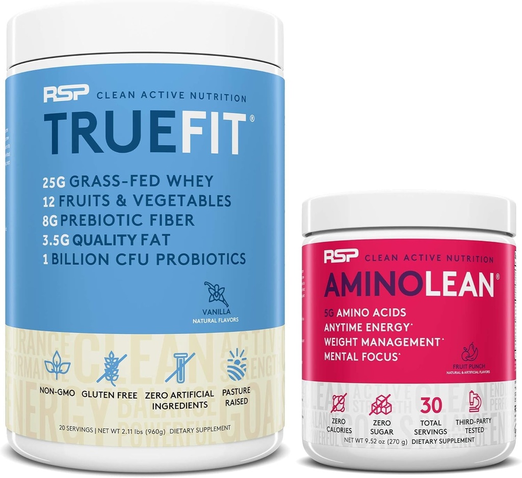 RSP NUTRITION AminoLean Pre Education Energy (Fruit Punch 30) με TrueFit Protein Powder (Vanilla 2 LB)