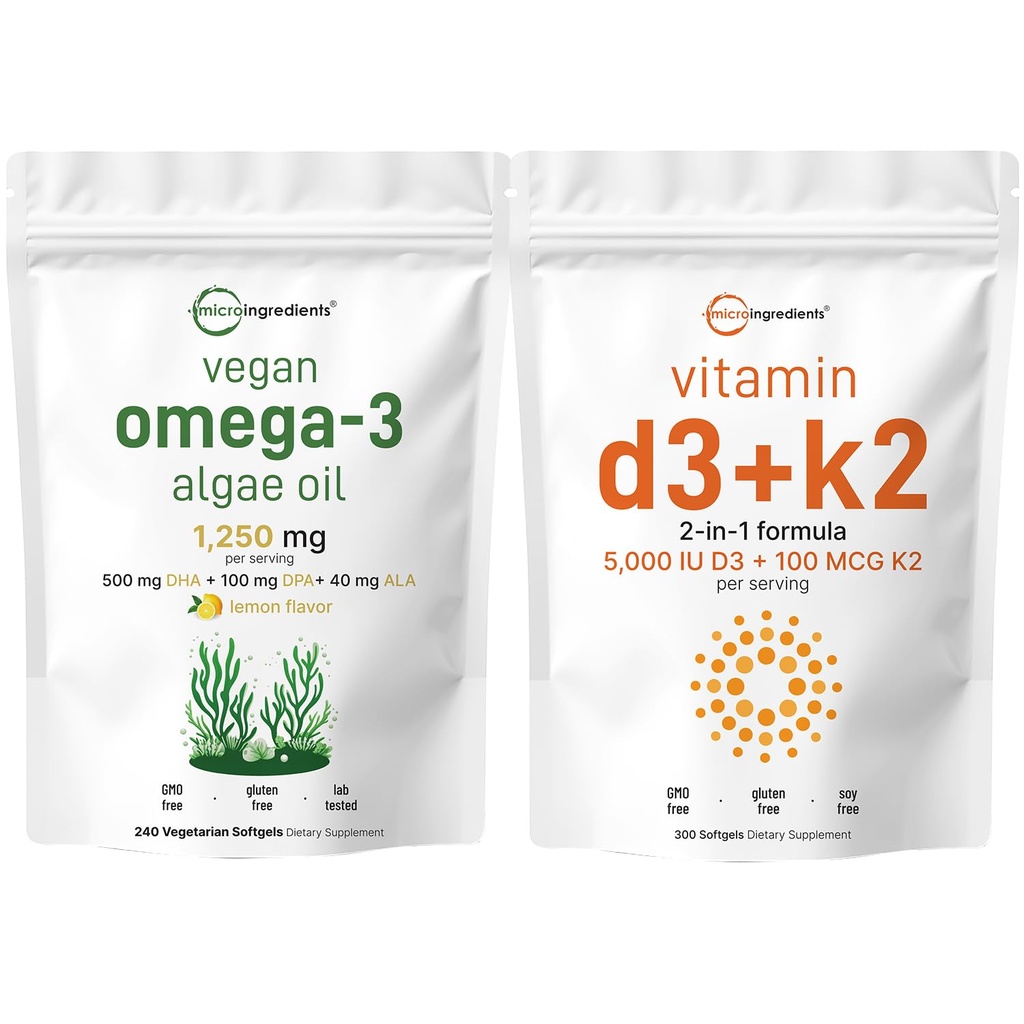 Micro Συστατικά Βιταμίνη D3 5.000iu + K2 100mcg Softgels & Vegan Omega 3 Algae Oil Supplement Bundle 2 Pack 