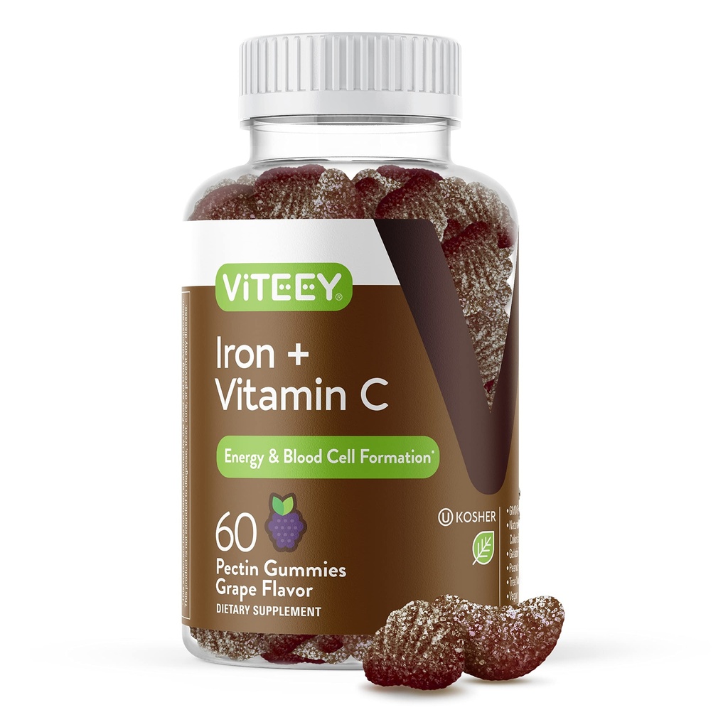 Viteey Iron Gummies - Σιδήρος με βιταμίνη C - Ενέργεια, υποστήριξη Bood και αναιμία συμπλήρωμα για γυναίκες & άνδρες - Vegan, χωρίς γλουτένη - 60 Count