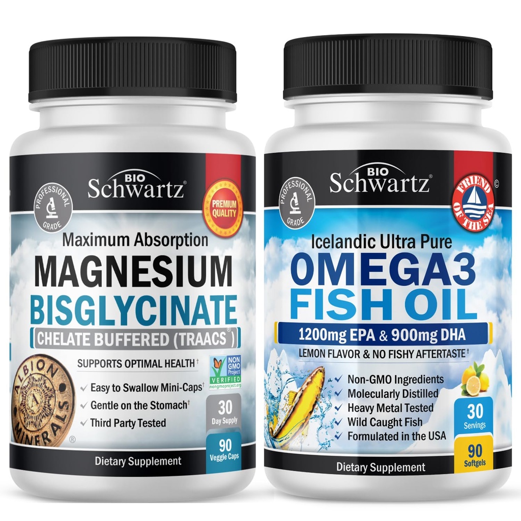Magnesium Bisglycinate 180 Count + Omega 3 Fish Oil 90 Count Bundle