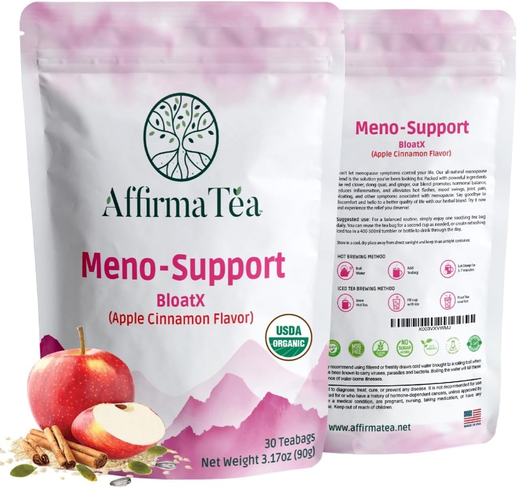 Meno-Support BloatX Organic Εμμηνόπαυση Ανακούφιση: Ισορροπίες & Υποστηρίζει Hot Flashes, Ορμόνες, Moods Swings, Νυχτερινές Ιδρώσεις, & Bloating W/Black Cohosh, Red Clover & Dong Quai. Φυσικό άρωμα μήλου-κιναμόν.