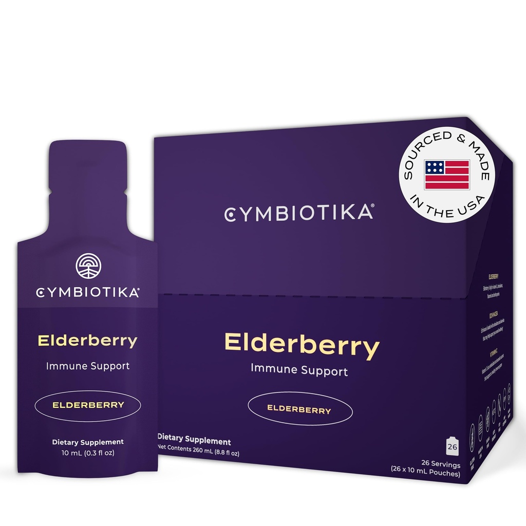 CYMBIOTIKA Adults Elderberry Boost Supplement – Βιολογικό Βατόμουρο με Βιταμίνη Ε για Ανοσολογική Υποστήριξη – Χωρίς Γλουτένη, Vegan, Keto (Pack of 26)