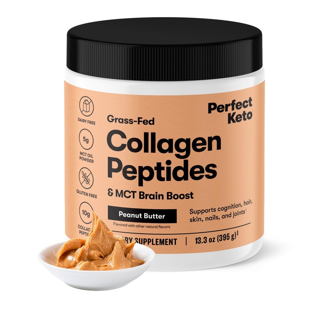 Perfect Keto Collagen Peptides, Peanut Butter, 10g Protein Powder, Grass Fed Hydrolyzed Type 1 & 3 Supplement, Low Carb, No Sugar Added, Keto Friendly, Coffee Creamer & Drink Mix, with MCT Oil