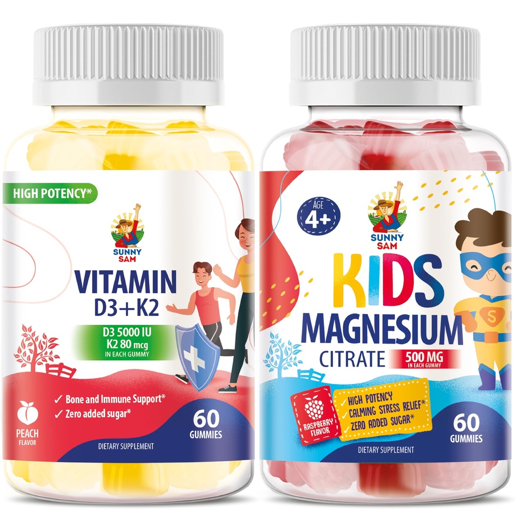 Gummys μαγνησίου για παιδιά & βιταμίνη D3 K2 Gummies 5000 IU - Ανοσοποιητική & Οστική Υποστήριξη - Συμπλήρωμα χωρίς ζάχαρη Βιταμίνη D Gummy - Υψηλής Απορρόφησης, Vegan, Gluten-free Gummies για ενήλικες