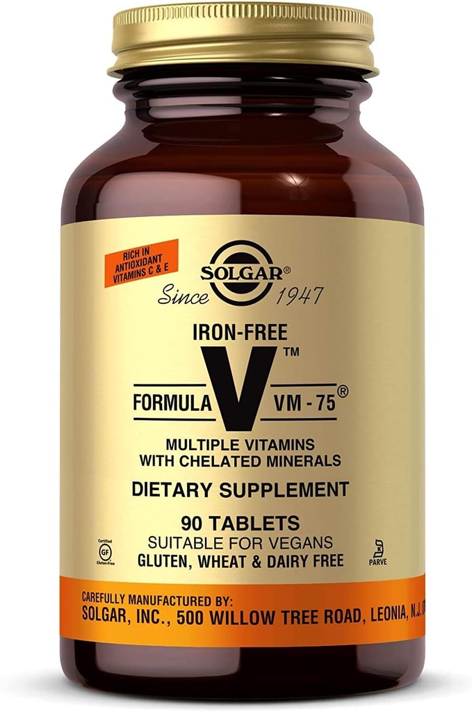 Solgar Iron- Free Formula VM- 75, 90 Tablets - Πολυβιταμίνη με Χηλικά Ορυκτά - Βιταμίνη Α, Β6, Β12, C, D, E - Βιοτίνη, Μαγνήσιο, Ασβέστιο, Ψευδάργυρος - Vegan, Γλουτένη & Γαλακτοκομικά, Kosher - 90 Σερβιέτες