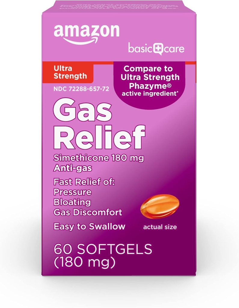 Basic Care Gas Relief, Ultra Strength Gas and Bloating Relief for Adults, 180 mg Simethicone Fast Gels, 48 Count