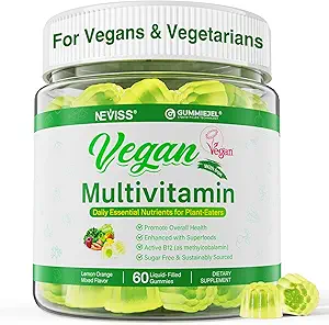 NEVISS Vegan Πολυβιταμίνη για γυναίκες & άνδρες w/methyl B12, D3 K2, Φυτική βάση Ωμέγα 3 (DHA+EPA), Σιδήρου, Χολίνης, Ψευδάργυρου, Ολόκληρων Τροφίμων Καθημερινή Βιταμίνες Gummies για χορτοφάγους & χορτοφάγους, Χωρίς ζάχαρη, 60Cts