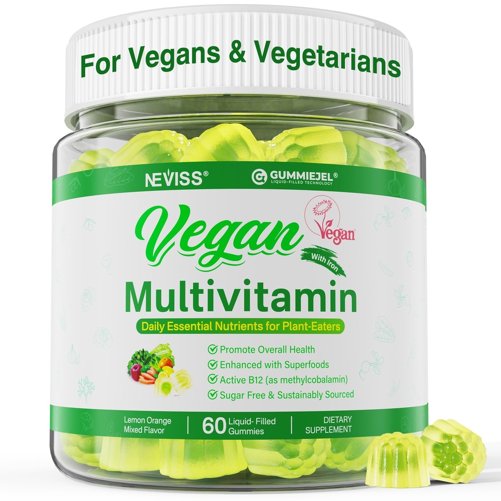 NEVISS Vegan Πολυβιταμίνη για γυναίκες & άνδρες w/methyl B12, D3 K2, Φυτική βάση Ωμέγα 3 (DHA+EPA), Σιδήρου, Χολίνης, Ψευδάργυρου, Ολόκληρων Τροφίμων Καθημερινή Βιταμίνες Gummies για χορτοφάγους & χορτοφάγους, Χωρίς ζάχαρη, 60Cts