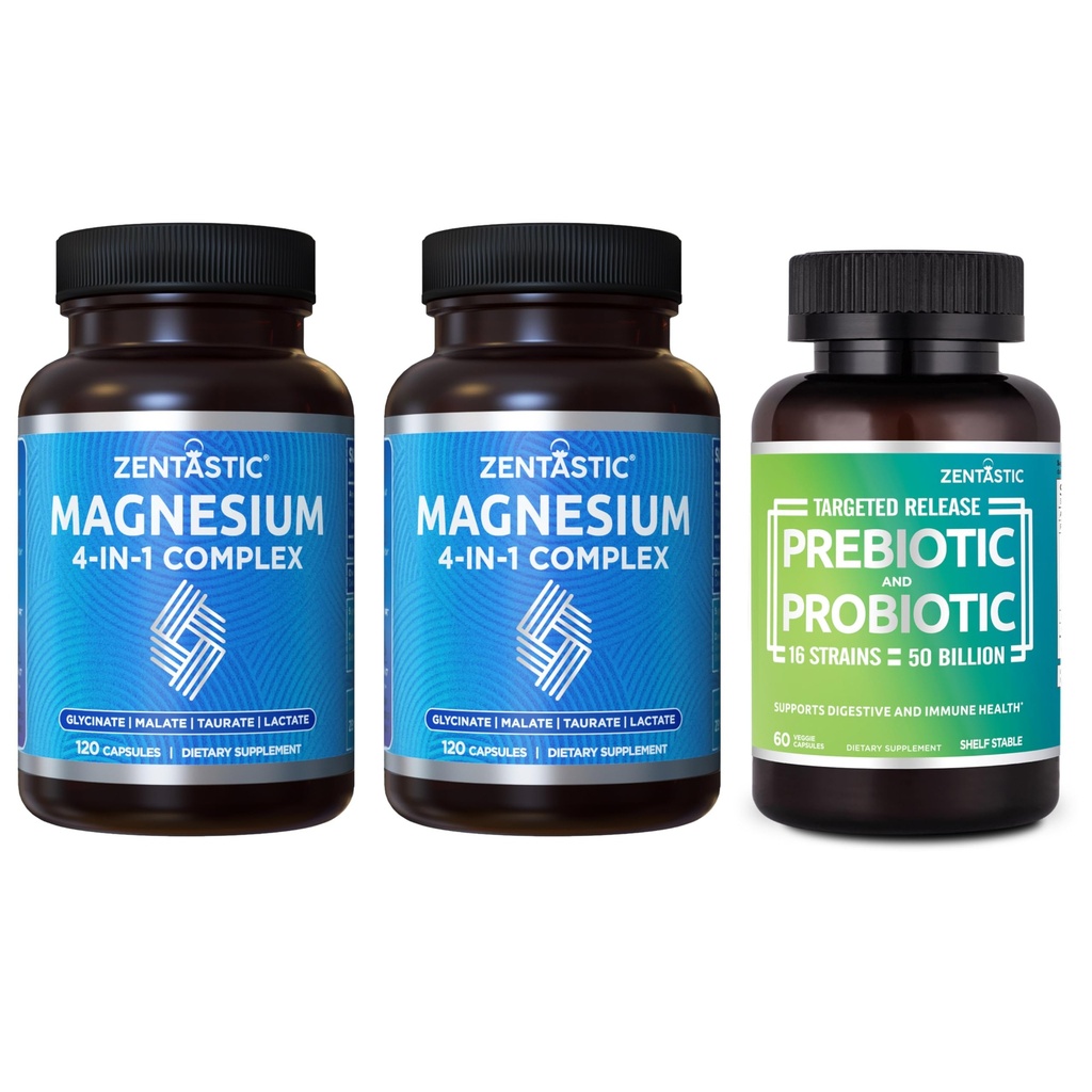 Zentastic 2 Pack 4-in-1 Magnesium Complex - Χηλικό γλυκινικό μαγνήσιο, μηλεϊνικό, ταυρικό & γαλακτικό & 1 Pack Probiotics & Prebiotics συμπλήρωμα