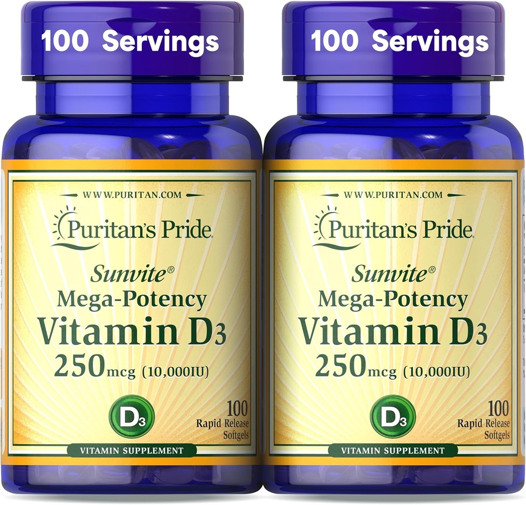 Puritan's Pride Premium SunviteTM Mega-Potency Βιταμίνη D3 10.000 IU, Συμπλήρωμα διατροφής για υγιή οστά, δόντια, και υποστήριξη ανοσοποιητικού συστήματος, 100 Softgels ταχείας απελευθέρωσης