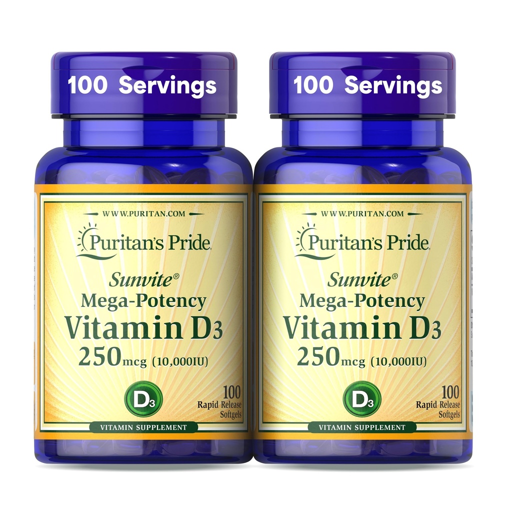 Puritan's Pride Premium SunviteTM Mega-Potency Βιταμίνη D3 10.000 IU, Συμπλήρωμα διατροφής για υγιή οστά, δόντια, και υποστήριξη ανοσοποιητικού συστήματος, 100 Softgels ταχείας απελευθέρωσης