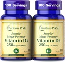 Puritan's Pride Premium SunviteTM Mega-Potency Βιταμίνη D3 10.000 IU, Συμπλήρωμα διατροφής για υγιή οστά, δόντια, και υποστήριξη ανοσοποιητικού συστήματος, 100 Softgels ταχείας απελευθέρωσης