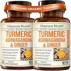 Ashwagandha Turmeric Curcumin Supplement with Ginger - Organic Turmeric Supplement, Curcumin with Black Pepper (95% Curcuminoids), Ginger Root for Joint Health, Energy & Immune Support. 2 Pack