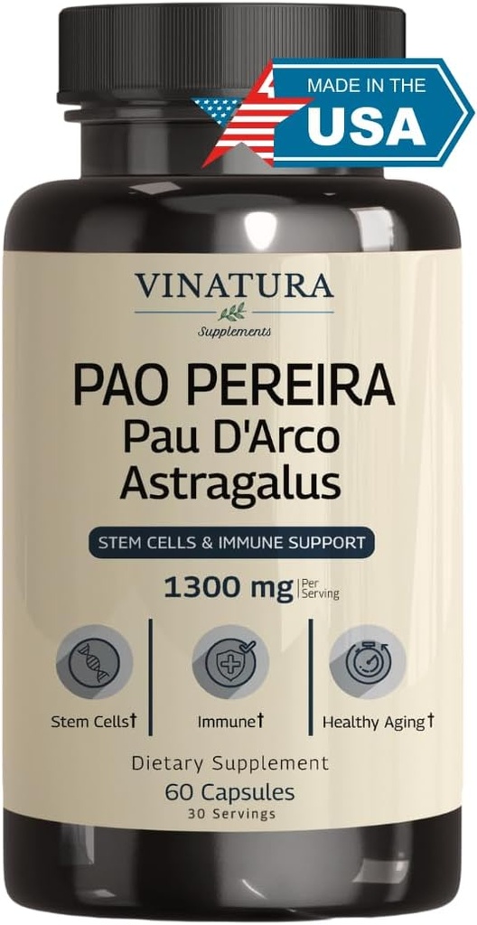 VINATURA Pao Pereira + PAU D'Arco, Astragalus - 1300MG Service, USA Made & Tested, Stem Cells and Immune Support, 60 κάψουλες