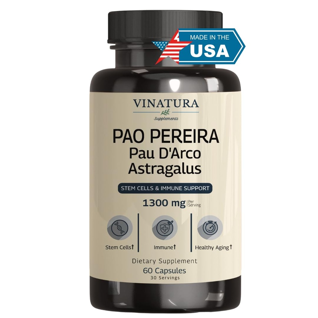 VINATURA Pao Pereira + PAU D'Arco, Astragalus - 1300MG Service, USA Made & Tested, Stem Cells and Immune Support, 60 κάψουλες