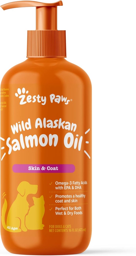 Zesty Paws Wild Alaskan Salmon Oil for Dogs and Cats- Skin and Coat Support, Omega 3 Supplement for Pets, 16oz, Pump Top