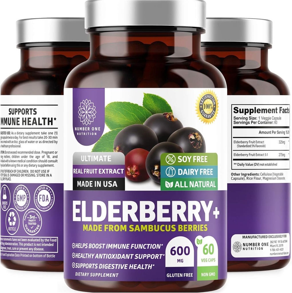 N1N Premium Κάψουλες Black Elderberry για Ενήλικες [Max Strength] Καθαρό και ισχυρό Elderberry από Sambucus Nigra για την υποστήριξη της Ανοσίας & της Υγείας του δέρματος, Μη ΓΤΟ, Χωρίς γλουτένη, 60 Veg Caps