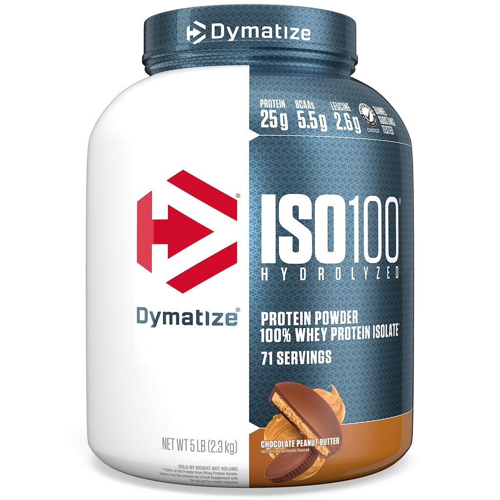 Dymatize ISO100 Whey Protein Powder Isolate, Σοκολάτα Φυστικοβούτυρο, 25g πρωτεΐνης, 5 Λίρες, 5.5g BCAAs, λιγότερο από 120 Cal., Χωρίς γλουτένη, 1g λίπος, 1g ζάχαρη, 2g υδατάνθρακες (71 Σερβίρει)