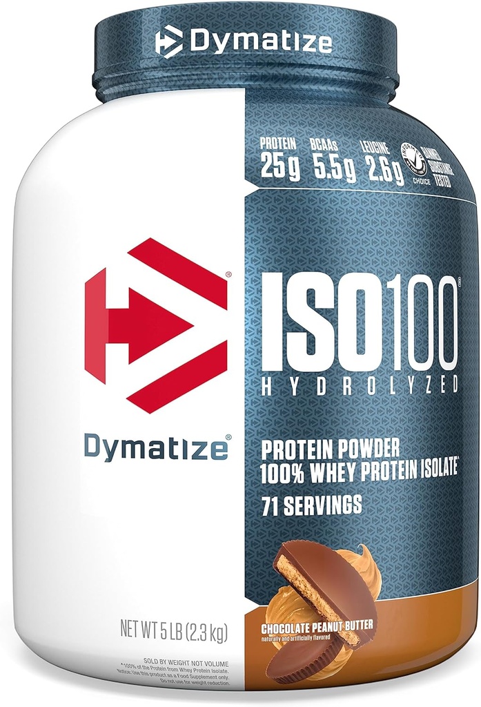 Dymatize ISO100 Whey Protein Powder Isolate, Σοκολάτα Φυστικοβούτυρο, 25g πρωτεΐνης, 5 Λίρες, 5.5g BCAAs, λιγότερο από 120 Cal., Χωρίς γλουτένη, 1g λίπος, 1g ζάχαρη, 2g υδατάνθρακες (71 Σερβίρει)