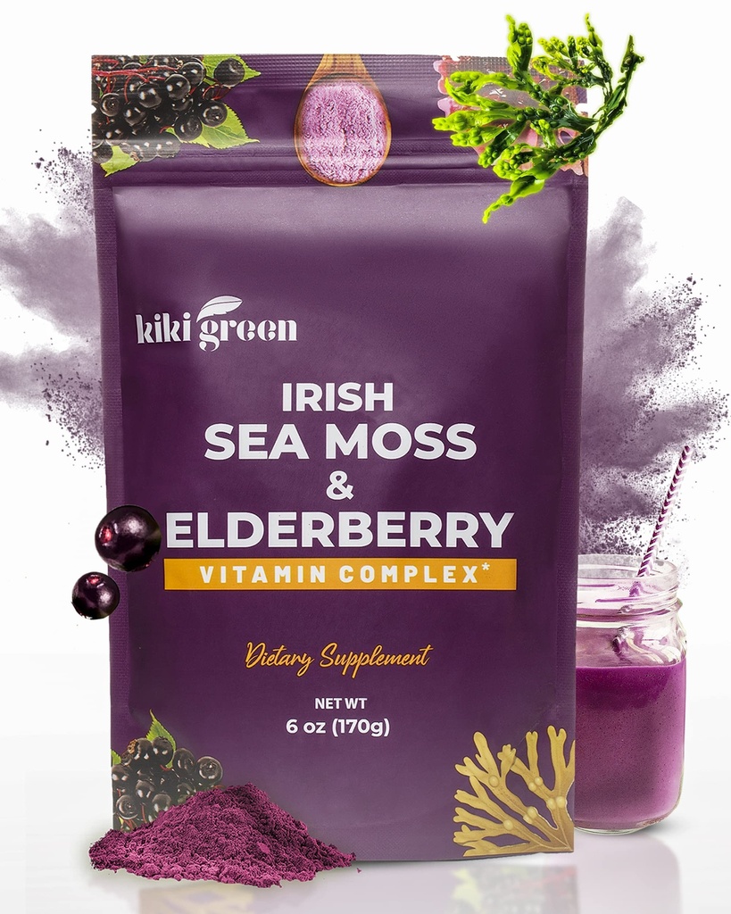 KIKI Green Sea Moss Powder with Elderberry - Vegan Superfood Multivitamin Blend - για ανοσοκαταστολή και υποστήριξη - Add to Smoothies, Juice, 6 oz