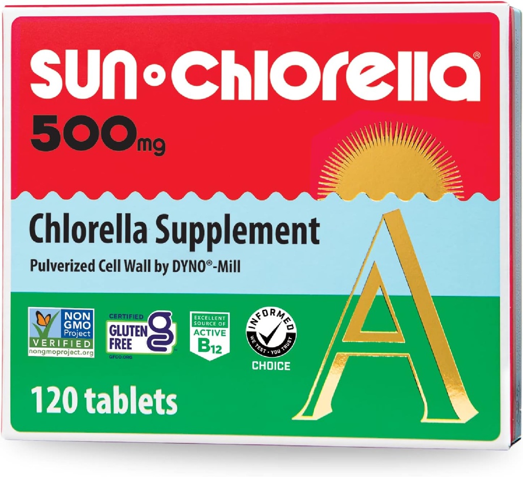 Sun Chlorella 500mg Whole Body Wellness Green Algae Superfood Supplement - Immune Defense, Gut Health, Natural Purification, Energy Boost - Chlorophyll, B12, Iron, Protein - Non-GMO - 120 Tablets