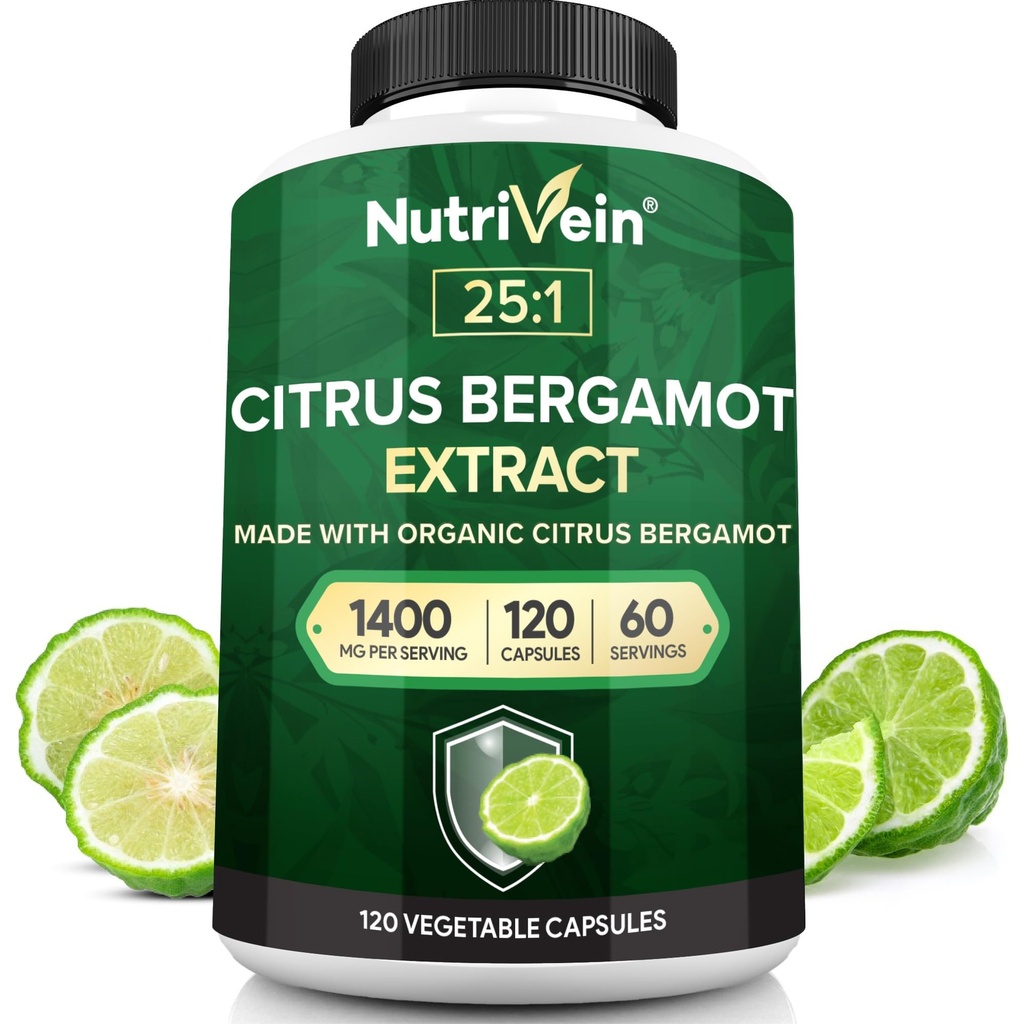 Nutrivein Premium Citrus Bergamot Συμπλήρωμα 1400mg 25:1 Bergamia Extract - 60 Day Supply (120 Κάψουλες): Ισχυρό ιταλικό εσπεριδοειδές Bergamot 1400 mg+ Υψηλή Συγκέντρωση - Καρδιά και Κυκλοφορικό Σύστημα