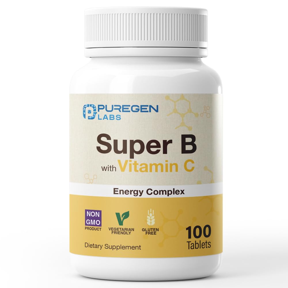 Puregen Labs Super B Energy Complex with Vitamin C - Ανοσοποιητική Υγεία, Ενέργεια & Νευρικό Σύστημα Υποστήριξη - Μη ΓΤΟ, Χωρίς Γλουτένη 100 χορτοφαγικά δισκία