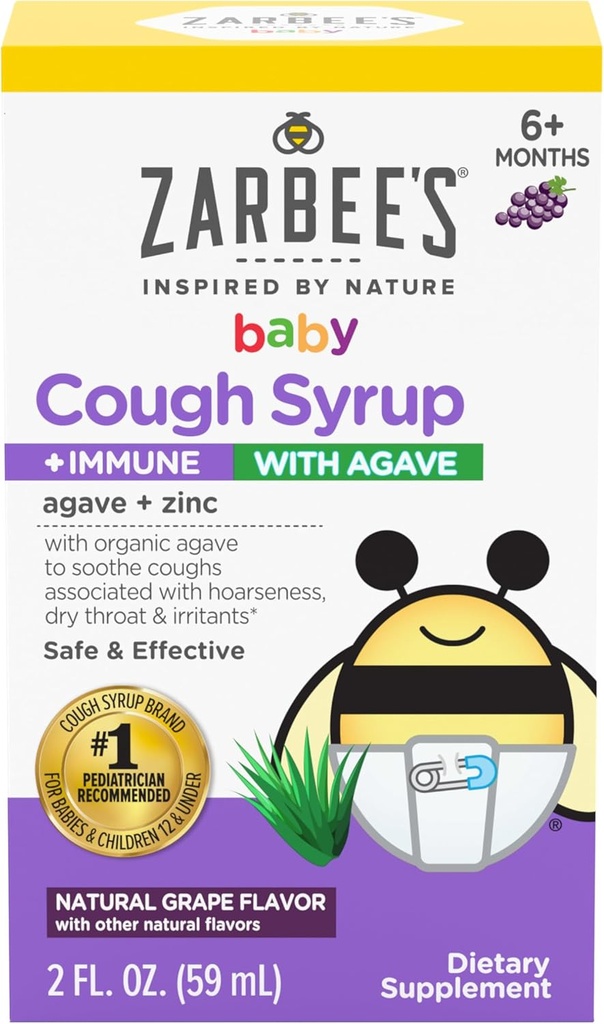 Zarbee's Baby Cough Syrup + Ανοσοποιητικό με οργανική αγάβα + ψευδάργυρο; Φυσικό άρωμα σταφυλιού; για μωρά 6+ Μήνες, 2 fl Oz(Pack of 1)
