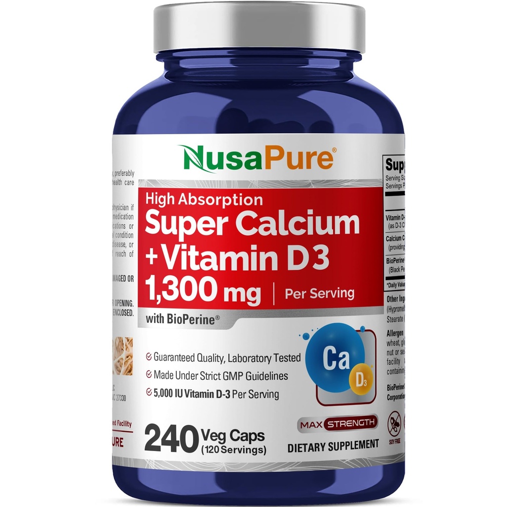 NusaPure Super Calcium 1300mg, Βιταμίνη D3-240 Veggie Caps (Non-GMO, Soyfree, Bioperine)