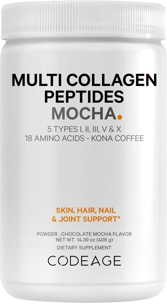 Codeage Multi Collagen Peptides Protein Powder - Σοκολάτα Mocha Instant Coffee - Gourmet Knoa Coffee Drink & Shake - Collagen Type I, II, III, V & X - Grass-Fed, Hydrolyzed, Non-GMO - 14.39oz