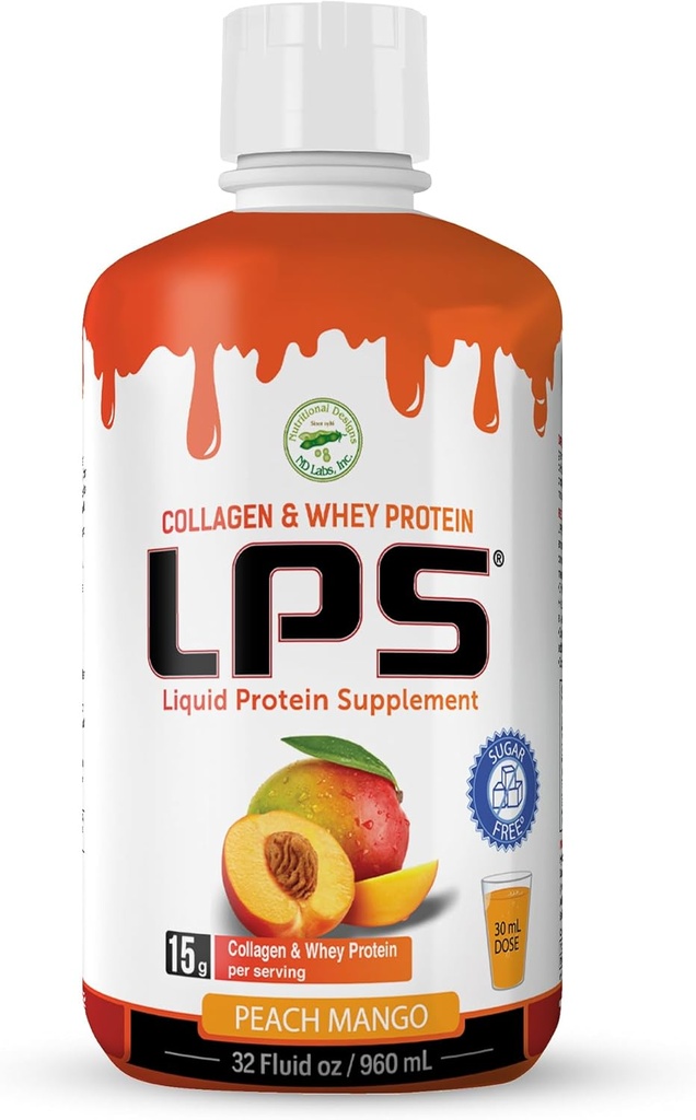 LPS Liquid Collagen & Whey Protein Supplement - Χωρίς ζάχαρη, χωρίς χρωστική ουσία, μη GMO Drink - Hydrolyzed Collagen & Whey Peptides Προωθεί υγιές δέρμα & μαλλιά για άνδρες & γυναίκες, Ροδάκινο Mango, 32 fl oz
