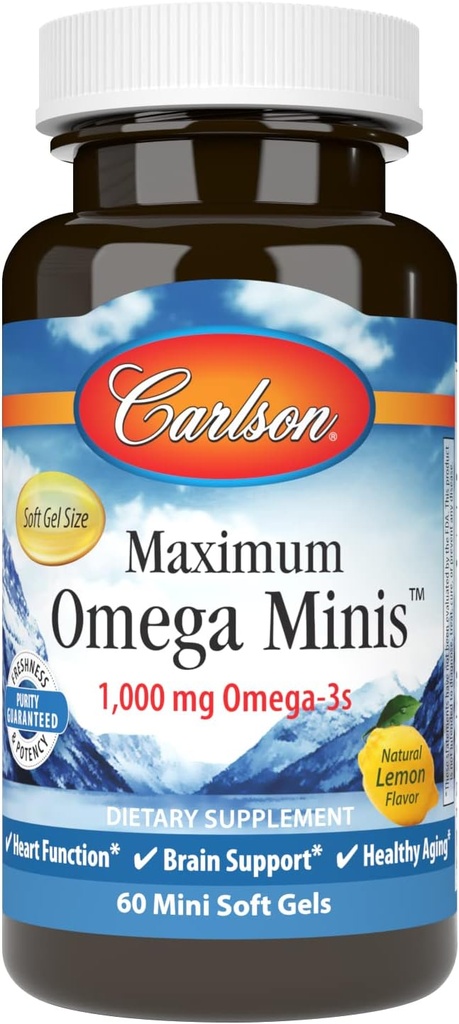 Carlson - Μέγιστο Ωμέγα Minis, 1000 mg Ωμέγα-3, λειτουργία καρδιάς, υποστήριξη εγκεφάλου & υγιή γήρανση, λεμόνι, 60 Mini Softgels