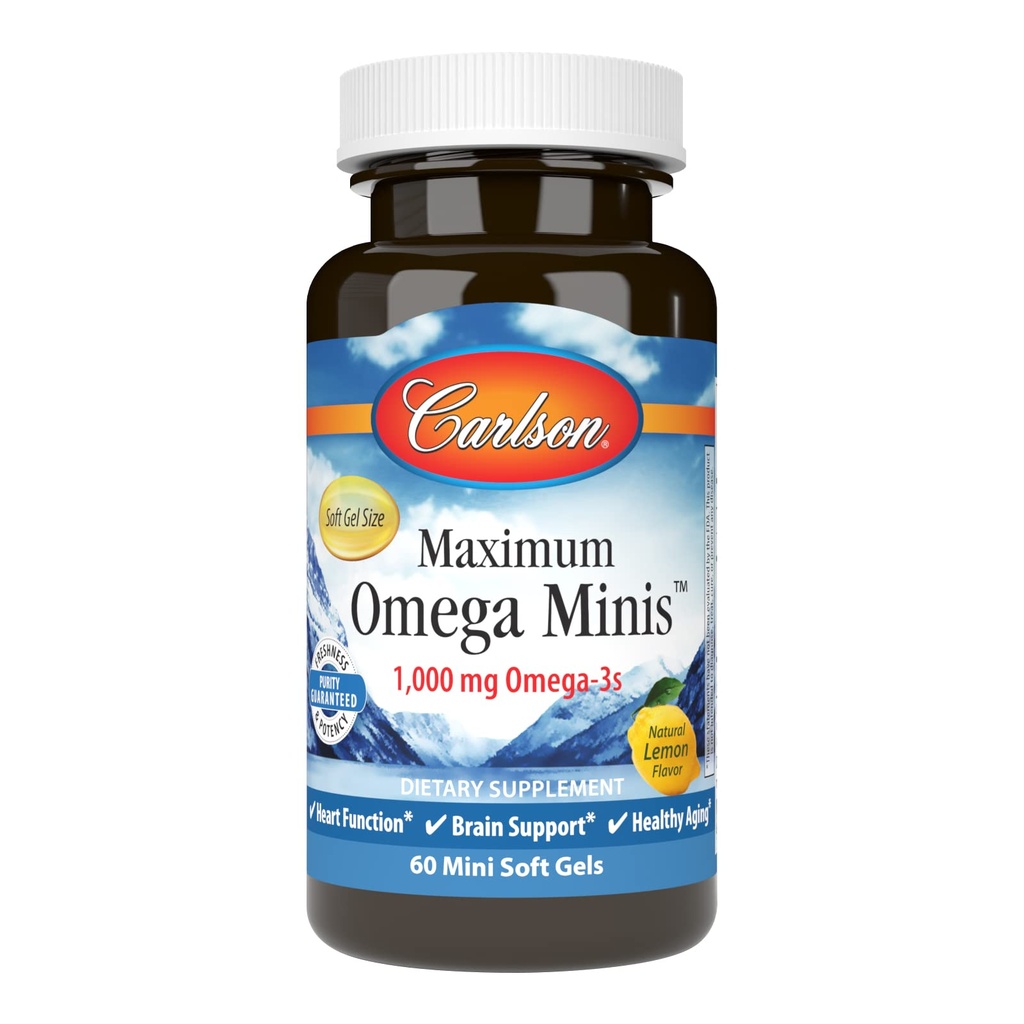 Carlson - Μέγιστο Ωμέγα Minis, 1000 mg Ωμέγα-3, λειτουργία καρδιάς, υποστήριξη εγκεφάλου & υγιή γήρανση, λεμόνι, 60 Mini Softgels