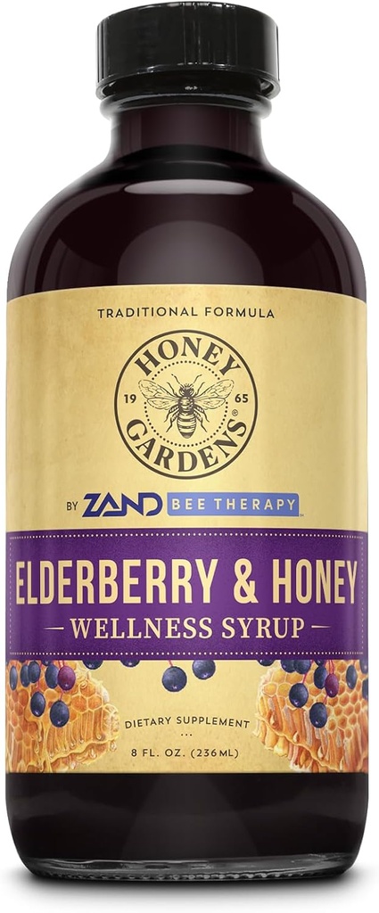 Honey Gardens Elderberry & Honey Immune Syrup - Μαύρο Syrup Elderberry για Ενήλικες & Παιδιά, Συμπλήρωμα Φυσικής Προστατευτικής Ευεξίας Λαρύγγι με Propolis & Organic Apple Cider Vinegar - 8 Fl Oz