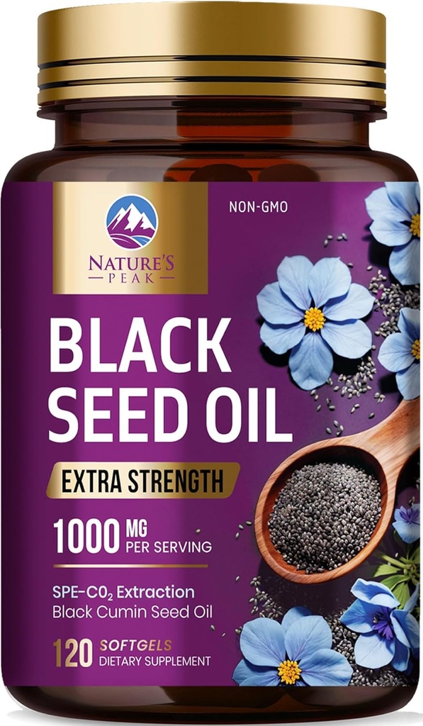 Μαύρο Έλαιο Σπόρων 1000mg - Premium Extra Strength Nigella Sativa Blackseed Oil - Black Seed Oil Skin, Digestive Health & Immune Support - Αντιοξειδωτικό μη ΓΤΟ, συμπλήρωμα χωρίς γλουτένη - 120 Softgels