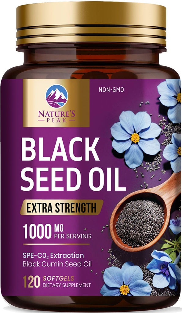 Μαύρο Έλαιο Σπόρων 1000mg - Premium Extra Strength Nigella Sativa Blackseed Oil - Black Seed Oil Skin, Digestive Health & Immune Support - Αντιοξειδωτικό μη ΓΤΟ, συμπλήρωμα χωρίς γλουτένη - 120 Softgels