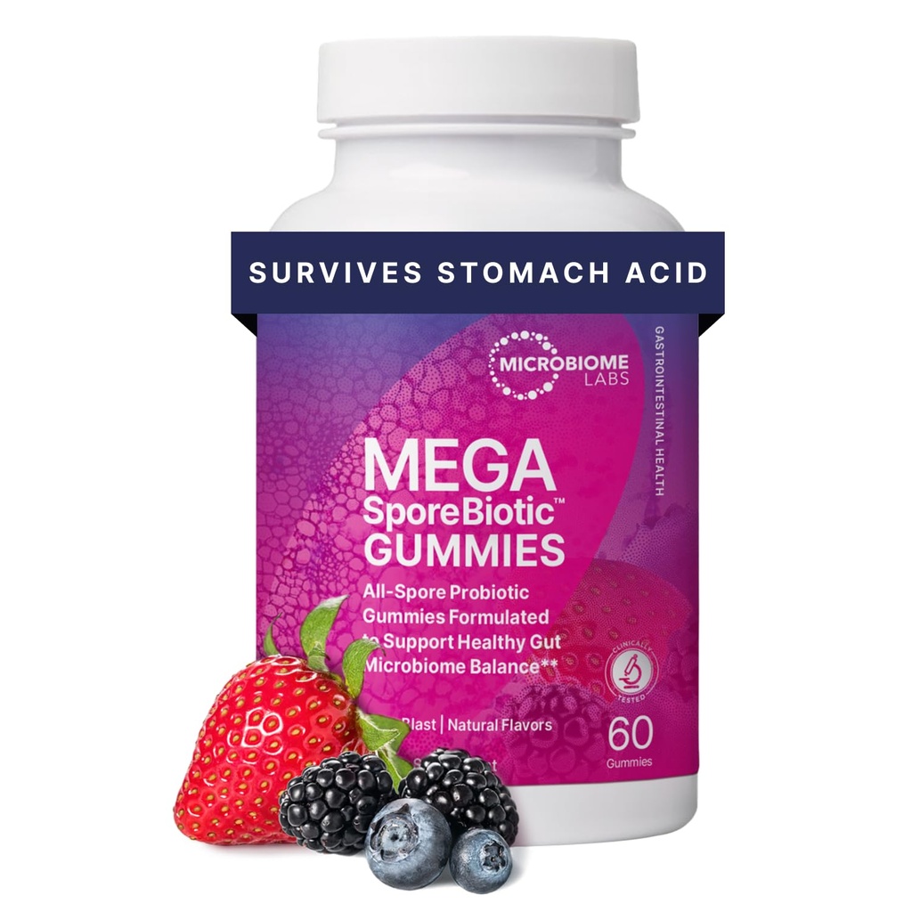 Μικροβιώματα Εργαστήρια με βάση Probiotic Gummies για γυναίκες, άνδρες & παιδιά - MegaSporeBiotic Gummies - 4 Bacillus Probiotics for Digestive Health & Microbiome Support - Berry Flavor (60 Gummies)