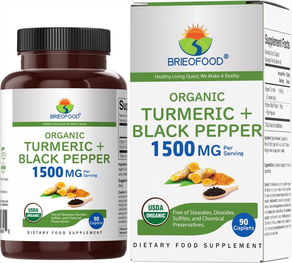 Brieofood Organic Turmeric με Black Pepper 1500mg, 45 σερβιέτες, χορτοφαγικά, χωρίς γλουτένη, 90 χορτοφαγικά δισκία