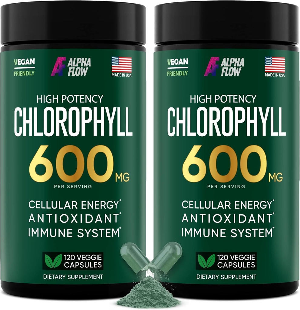 Alpha Flow [2 Pack] Chlorophyll Capsules 600mg - Chlorophyll Supplement for Energy & Skin - Internal Deodorant for Women & Men - Alternative to Liquid Drops - 240 Vegan Pills