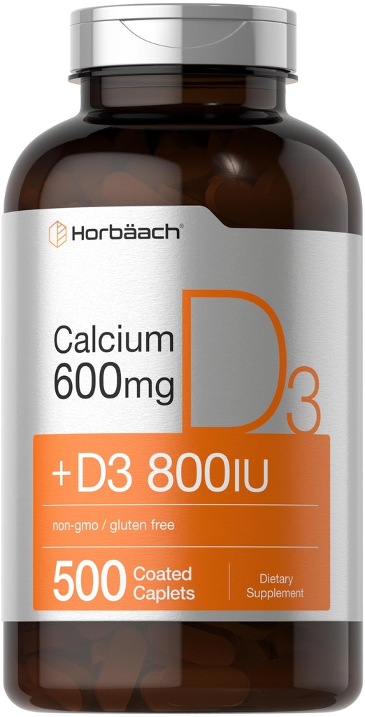 Horbaach Calcium 600 mg with Vitamin D3 | 500 Coated Caplets | for Women and Men | Non-GMO & Gluten Free Supplement