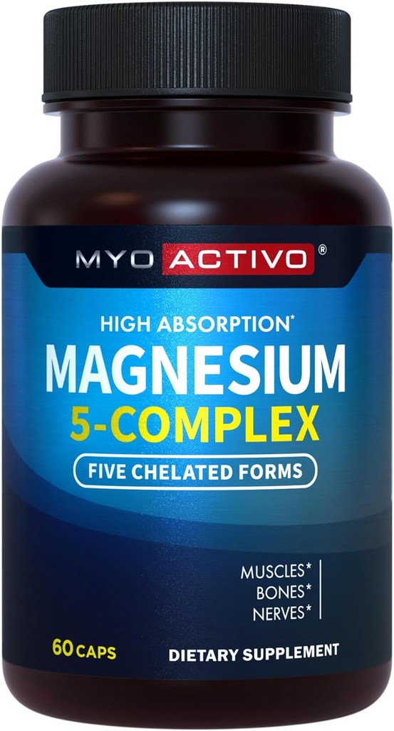 5-in-1 Magnesium Complex - High Absorption - Chelated Magnesium Glycinate, Malate, Citrate, Taurate, & Aspartate for Nerves, Muscles, Bones | 60 Capsules | Magnesium Supplement