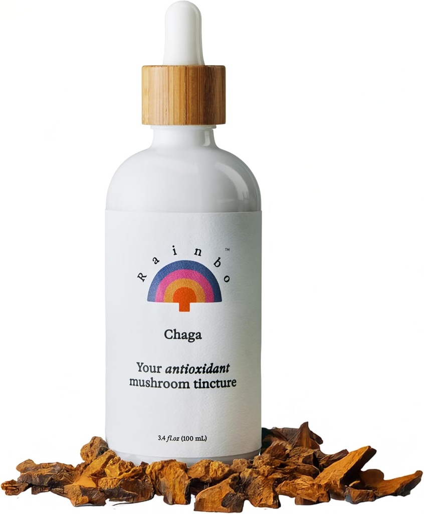 Rainbo - Chaga Mushroom Tincture - Dual Extract Mushroom Supplement - Immune Support, Cellular Support, Liquid Chaga Supplement, Vegan, Non GMO, 3.4 fl oz
