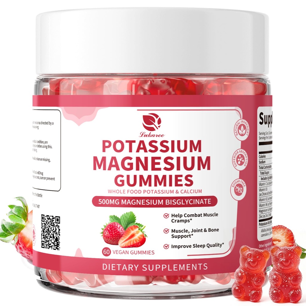 Συμπληρώματα Μαγνησίου Κάλιο Gummies - Νέα φόρμουλα Ηρεμία Μαγνήσιο Γλυκινικό Gummies & Κάλιο Κιτρικό 200 mg Plus Omega 3, B6, D3, K2 & Ασβέστιο για Zzz, Πόδι Cramps & Μύες - 120 Count
